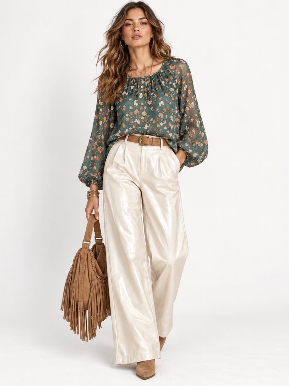 New 7 For All Mankind Pleated Faux Leather Cream High-Rise Wide Leg Pants